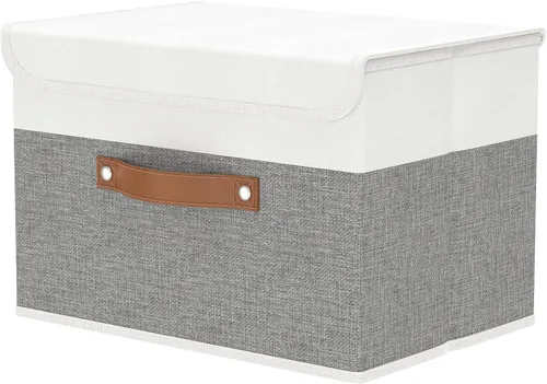 Miniatura 14 de OUTBROS Caja de almacenamiento plegable grande con tapa, organizador de armario de tela de lino, contenedores para toallas, ropa, 15 x 9.8 x 9.8