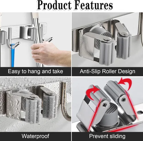 Miniatura 2 de Soporte para trapeador de escoba de montaje en pared, organizador de metal para almacenamiento de garaje, jardín, cocina, herramientas con 4 Plata