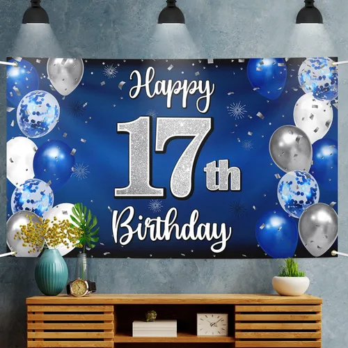 Miniatura 5 de Decoraciones de Feliz Cumpleaños 17, Globo Azul y Plateado 17 Pancarta Grande de Fondo Letrero de Cumpleaños, Brindis por Diecisiete Años 17th