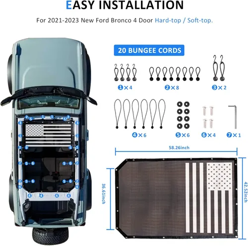 Miniatura 8 de Parasol compatible con Ford Bronco de 4 puertas 2021 2022 2023 2024 2025 2026 Nuevo parasol de 4 puertas para el techo de bikini Bimini de malla US