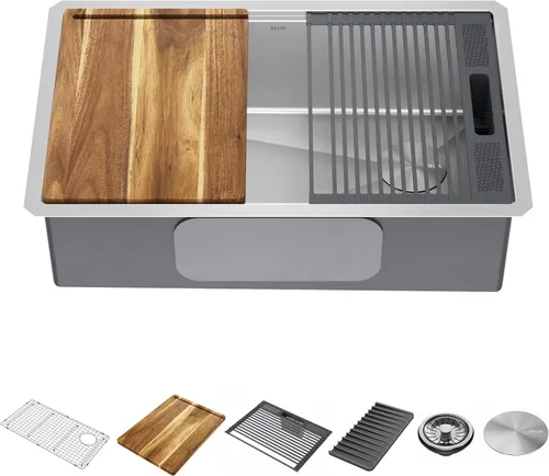 Miniatura 10 de DELTA FAUCET 95B932-32S-SS Lorelai - Lavaplatos Lorelai para estación de trabajo, montaje bajo encimera, de acero inoxidable, tarja individual