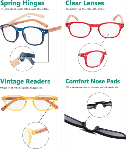 Miniatura 5 de Eyekepper Gafas de lectura clásicas para hombre, paquete de 5 con bisagras de resorte Brazos impresos de grano de madera