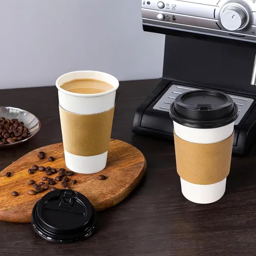 Miniatura 9 de Lamosi Paquete de 100 tazas de café desechables de 16 onzas con tapas y mangas, a prueba de fugas, tazas de café de papel con tapas, bebidas