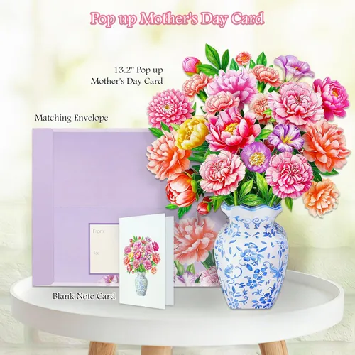 Miniatura 2 de WhatSign Tarjeta de feliz día de la madre con flores emergentes, impresionante ramo de peonías 3D para mamá, abuela, hija, hermana, tía, tarjetas