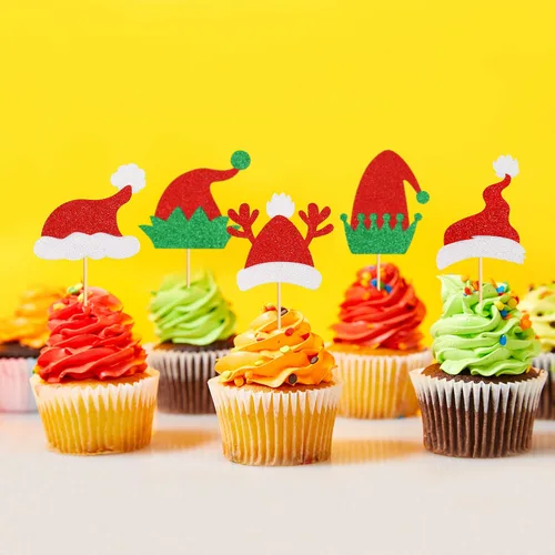 Miniatura 4 de Ercadio Paquete de 25 adornos para cupcakes de Papá Noel y elfo - Sombreros de Papá Noel con purpurina, sombreros de elfo, palillos para cupcakes