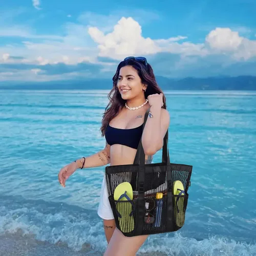 Miniatura 6 de Bolsa de playa - Bolsa tote de malla para vacaciones en la playa, ropa para mujeres, bolsa para piscina para viajes, piscina, crucero familiar