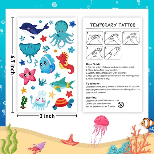 Miniatura 6 de Partywind Tatuajes temporales azules luminosos bajo el mar para niños, 170 estilos que brillan en el océano, playa, piscina, fiesta de cumpleaños