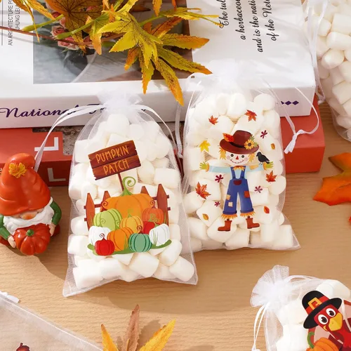Miniatura 4 de Whaline 48 bolsas de organza de otoño con cordón de pavo, calabaza, espantapájaros, palabras, bolsas de regalo, bolsa de regalo de joyería, bolsa
