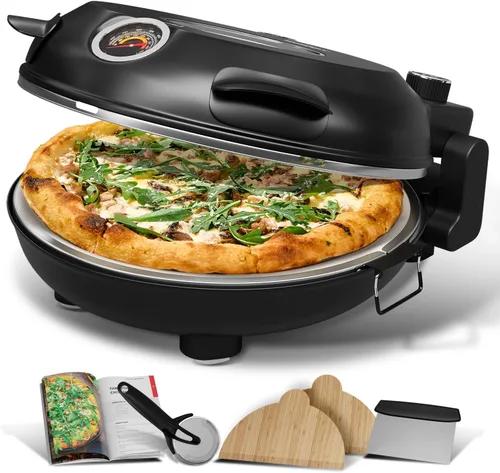 Eatex Horno eléctrico para pizza interior, horno de pizza de encimera de 12 pulgadas, horno de pizza de piedra portátil, calienta hasta 790 °F para