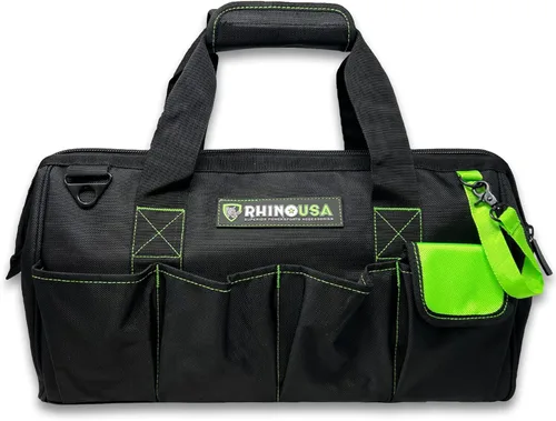 Rhino USA Bolsa de herramientas (18 pulgadas) resistente de boca ancha con cremallera para hombres, bolsas grandes de herramientas con bolsillos