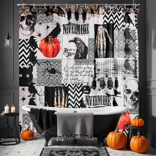 Cmfshape Cortina de ducha de Halloween, color negro, juego de cortinas de ducha con diseño de calavera con ganchos, cortina de ducha impermeable