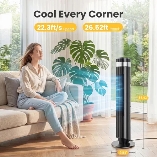 Miniatura 2 de NEWBULIG Ventilador de torre para dormitorio, ventilador oscilante sin aspas con control remoto, 5 velocidades y 4 modos, 28 dB silencioso para Negro