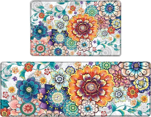 Alfombras de Cocina Florales para Suelo de 2 Piezas con Flores Alfombras de Cocina Anti Fatiga Antideslizantes Acolchadas Cómodas para Estar de Pie