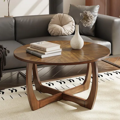 Mesa auxiliar redonda para sala de estar, mesas de cóctel de madera maciza con parte superior empalmada, mesa central tradicional de madera,