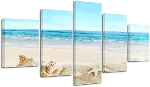 Miniatura 8 de Pyradecor, paisaje de playa en 5 paneles, lienzo Giclee de paisaje marino, impreso en lienzo moderno, tensado y encuadrado, arte para pared
