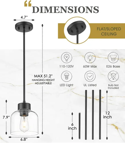 Miniatura 2 de Luces Colgantes Negras para Isla de Cocina, Accesorios de Luces Colgantes de 7" con Pantalla de Vidrio Transparente, Iluminación Colgante Moderna