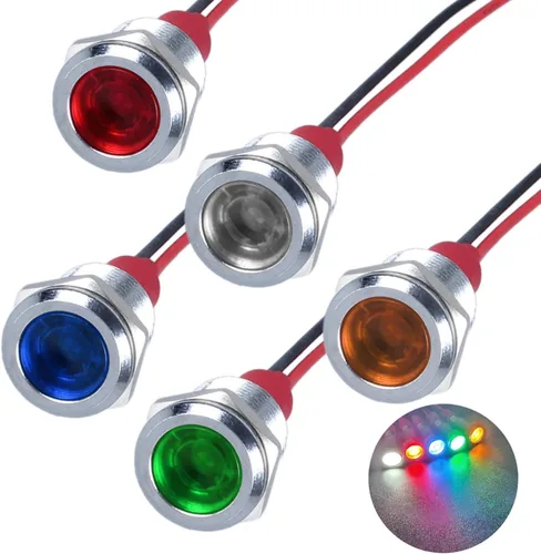 Miniatura 27 de 5Pcs 12V-24V Luz indicadora LED de ahorro de energía Montaje de orificio 8mm (1/3") 20mA Señal de lámpara de cabeza plana ancha impermeable piloto