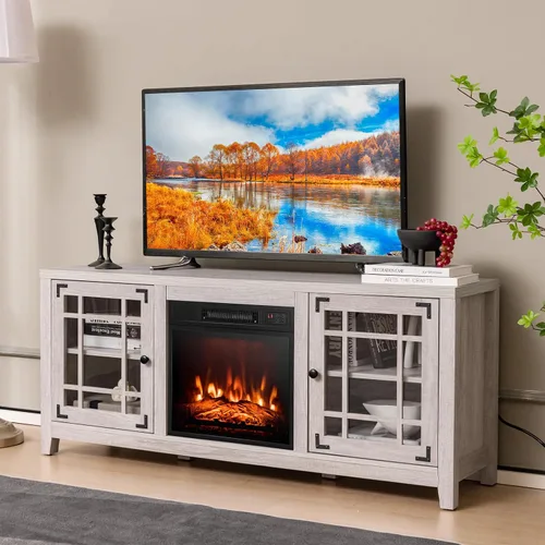 Miniatura 2 de Tangkula - Soporte para TV con chimenea para televisor de 65 pulgadas, consola de TV de 58 pulgadas con chimenea eléctrica de 1400W, estantes Natural