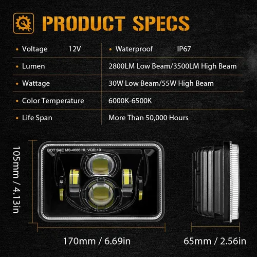 Miniatura 6 de Auxbeam Faros delanteros LED de 60 W 4 x 6 con repuesto aprobado por puntos H4651 H4652 H4656 H4666 H6545 para camiones Peterbilt Kenworth