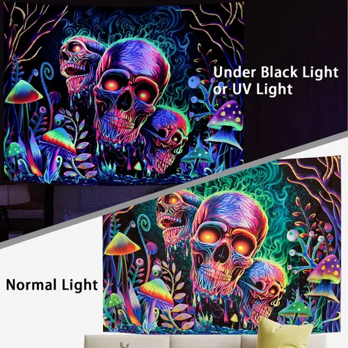 Miniatura 4 de Amonercvita Tapiz de calavera con luz negra, tapiz de pared de esqueleto trippy, reactivo a los rayos UV, plantas de neón, árboles, tapices