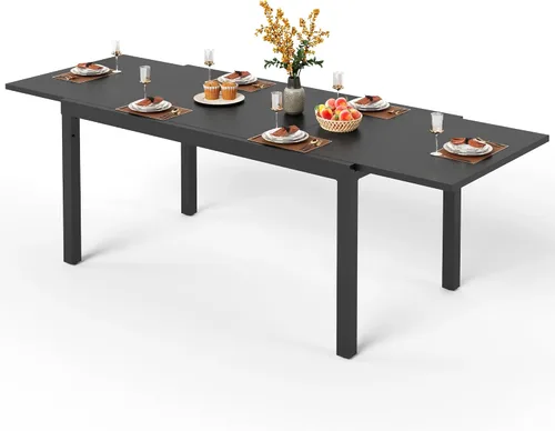 Miniatura 15 de PHI VILLA Mesa rectangular de comedor con listones de acero metálico para 6 personas con agujero ajustable para paraguas, resistente a la intemperie