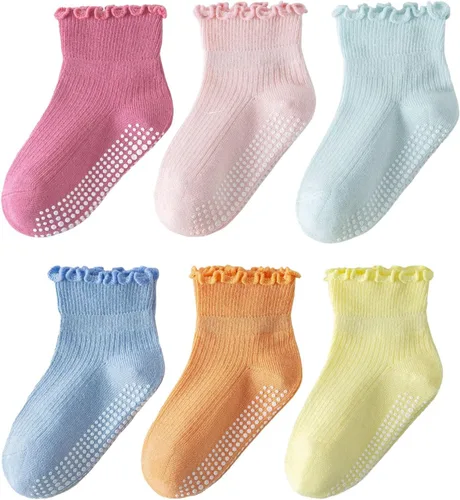 6 pares de calcetines con volantes para niñas, calcetines antideslizantes para bebés, bonitos y con volantes