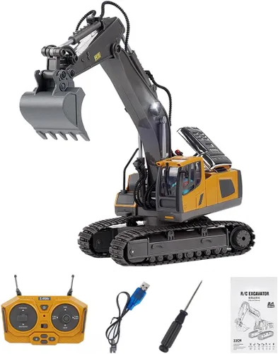 Excavadora con control remoto con luces y efectos de sonido, 1:20 2.4G 11CH Vehículos de construcción de aleación, rotación de 360°, camión RC de