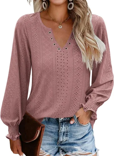 Zeagoo Camisetas casuales con cuello en V para mujer, con volantes, manga larga, con ojales, holgadas, tallas S-XXL