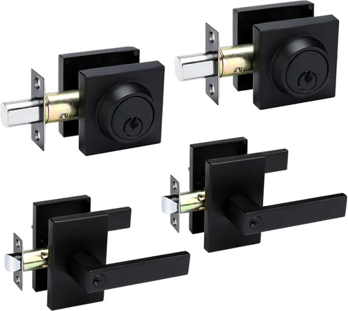 Miniatura 13 de Juego de cerraduras negras para puerta exterior, juego de cerraduras de puerta delantera con cerrojo de seguridad, juego de cerraduras cuadradas