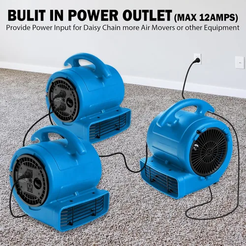 Miniatura 8 de MOUNTO Ventilador Air Mover de 1/5 hp de 800 cfm, ventilador de secado de pisos, motor de aire compacto de 3 velocidades con doble salida, cable
