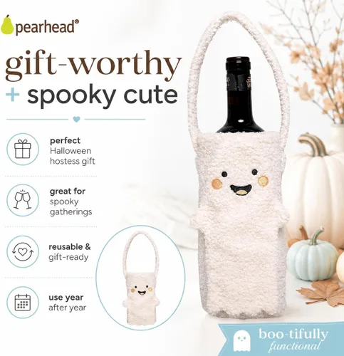 Miniatura 7 de Pearhead Soporte para botella de vino fantasma de Halloween, bolsa de regalo reutilizable de sherpa de felpa con cara sonriente y asa - Lindo regalo