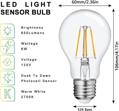 Miniatura 4 de FAGUANGAO Bombillas LED A19 del anochecer al amanecer para exteriores, equivalente a 6 W 60 W, 2700 K blanco cálido, 650 lúmenes, bombilla