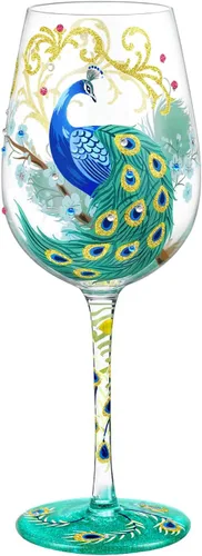 NymphFable Copa de vino pintada a mano color pavo real, diseño artesanal pintado 15oz, regalo personalizado para tu mejor amigo