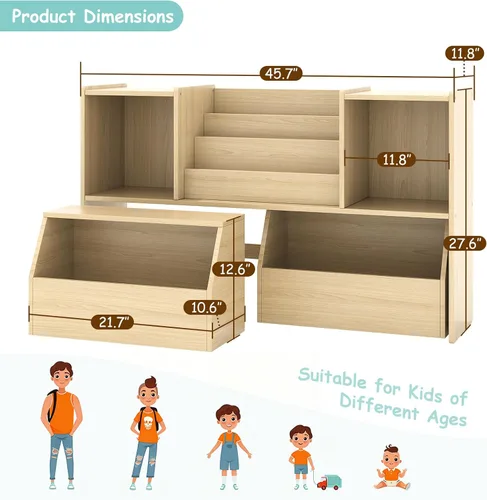Miniatura 2 de EXPERLAM Estantería de madera maciza para niños y organizador de almacenamiento de juguetes, estantería Montessori 3 en 1 con cubos