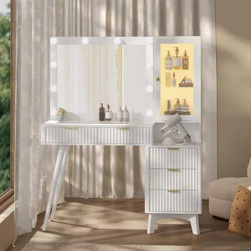 Miniatura 16 de Escritorio de tocador de maquillaje con espejo y luces, escritorio de madera estriada de 45 pulgadas con parte superior de cristal, 5 cajones y Roble