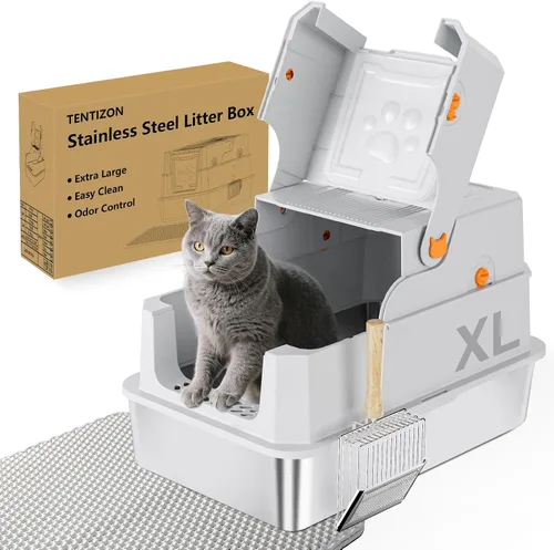 Miniatura 10 de TENTIZON - Caja de arena para gatos de acero inoxidable con tapa, caja de arena grande cerrada con capucha, parte superior abatible, lado alto