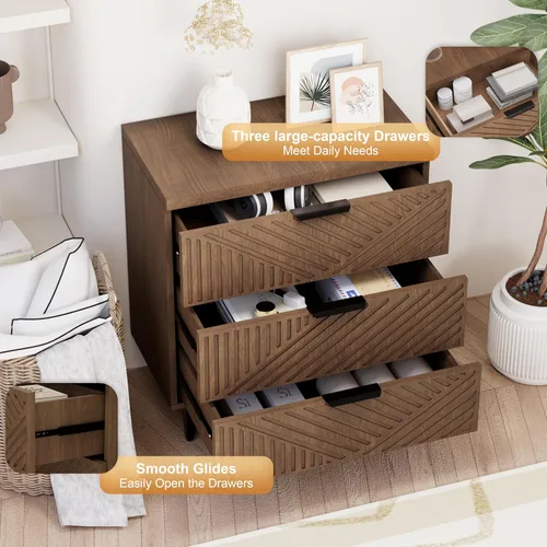 Miniatura 10 de Royal Windsor Mesita de noche acanalada con 3 cajones, mesa auxiliar lateral, armario de almacenamiento de acento, mesita de noche moderna