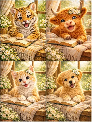 Kits de pintura de diamantes de animales para adultos, paquete de 4 unidades, lindo tigre, vaca, gato, perro, kit de arte de diamantes, pintura de