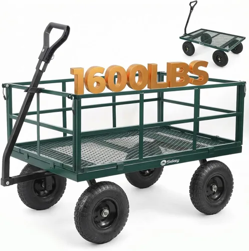 Miniatura 10 de Sekey Carrito de jardín de malla de acero de 600 libras para patio y patio trasero, carro utilitario con lados extraíbles (cama plana convertible)
