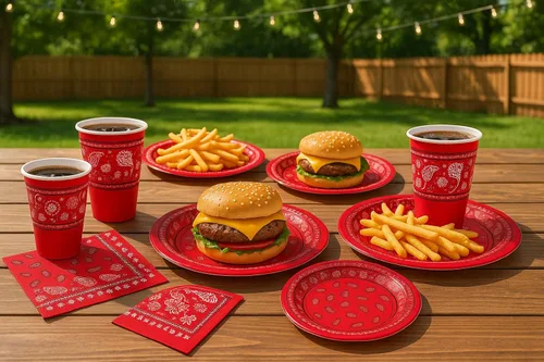 Miniatura 3 de Oojami Sirve 24 – Bandana roja suministros para fiesta occidental – Paquete completo de fiesta con platos llanos de 9 pulgadas, platos de postre