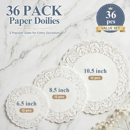 Miniatura 2 de HAKSEN Doilies de papel, paquete de 36 (12 cada uno de 6.5 pulgadas, 8.5 pulgadas, 10.5 pulgadas), manteles individuales redondos de papel de encaje
