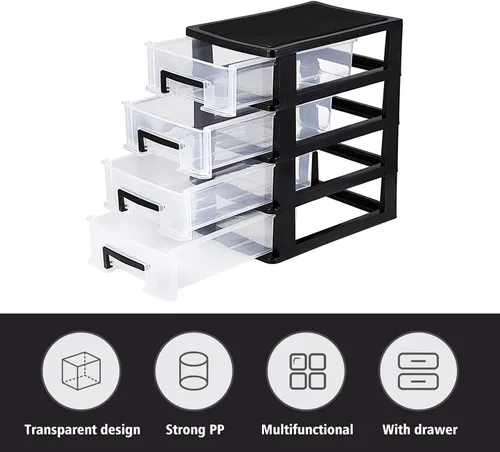Miniatura 5 de Organizador de almacenamiento de escritorio de 4 cajones, contenedores de plástico, organizador de aparador para el hogar (negro y transparente)