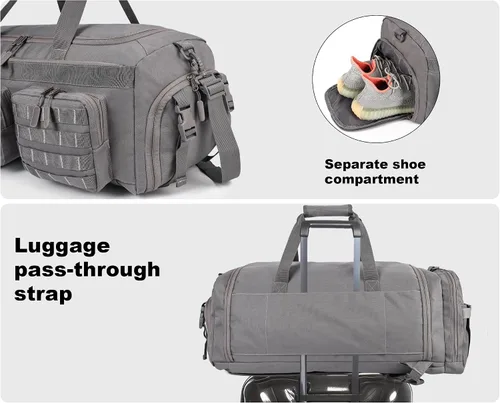 Miniatura 6 de LHI Bolsa de lona táctica de 50 L para hombres, bolsa de lona y mochila 3 en 1, compartimento para zapatos, funda para laptop y MOLLE, bolsa