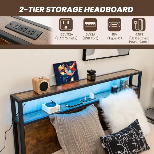 Miniatura 4 de Giantex Base de cama matrimonial con cabecero de luces LED y 4 cajones de almacenamiento, plataforma de metal con tomas de corriente y puertos USB