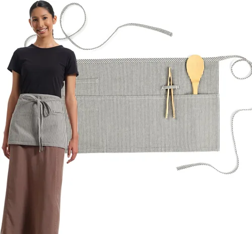 Miniatura 16 de MEEMA Delantal de cintura de chef de tela de algodón, lavable y transpirable, medio delantal para mujer con bolsillos y correas largas