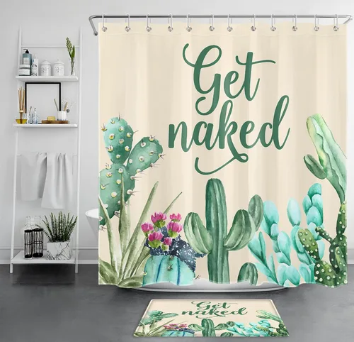 Miniatura 21 de LB Get Naked - Cortina de ducha de cactus con citas divertidas, plantas tropicales, suculentas, verdes, acuarela, cactus y flores, cortinas de ducha