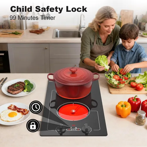 Miniatura 2 de GIHETKUT - Placa de cocina eléctrica, 110V 2100W, 9 niveles de potencia, 2 quemadores, control de botón y táctil, bloqueo para niños y temporizador