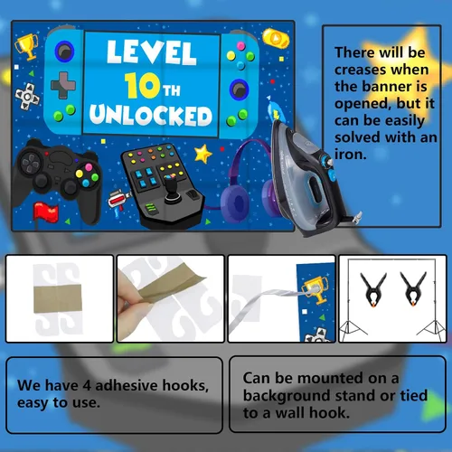Miniatura 4 de Cartel de nivel 10 desbloqueado para cumpleaños número 10, telón de fondo, decoración temática de videojuegos, decoración para niños y niñas