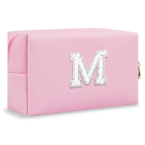 Miniatura 237 de Pequeña bolsa de maquillaje personalizada con inicial A-Z Preppy Patch, bolsa de cosméticos de viaje de felpilla blanca con cremallera, bonita bolsa