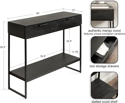 Miniatura 3 de Kate and Laurel Malone - Mesa consola moderna de madera con estante de madera; 36 x 13 x 31; negro; mesa de entrada de madera de transición